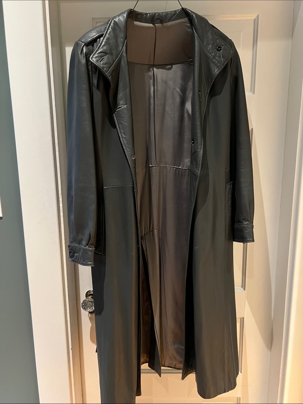 Classic Long dark gray Leather Trench Coat
